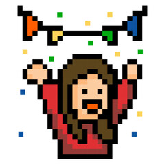 Pixel art character celebrating with bunting