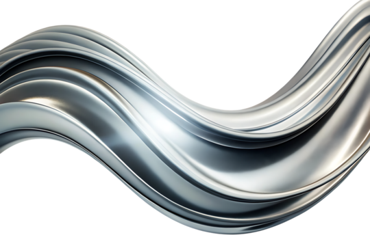Flowing metallic silver wave with smooth curves and reflective highlights, cutout, PNG isolated on white or transparent background