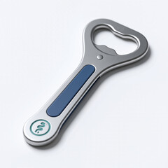 Obraz premium A sleek, modern bottle opener with a silver finish, blue accent, and a medical symbol logo, symbolizing health and wellness, against a clean white background.
