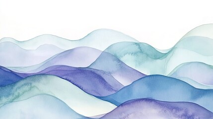 Fototapeta premium Abstract watercolor painting of rolling hills in shades of blue, green, and purple isolated on white background