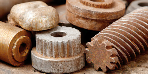Assortment of Rusted and Worn Vintage Metal Industrial Parts and Gears Close-up