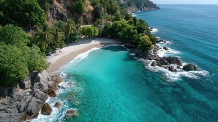 Aerial View Of A Secluded Tropical Bay With Lush Greenery And Turquoise Water Under Bright Sunlight