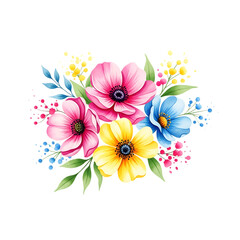 Vibrant bouquet of pink yellow and blue anemone flowers, with green leaves, isolated on white or transparent background. PNG