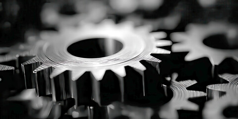 Black and White Macro Close-up of Interlocking Metal Cogwheels and Gear Mechanism