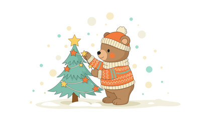 Charming bear decorating a Christmas tree for holiday greeting cards, children's products, and festive marketing campaigns