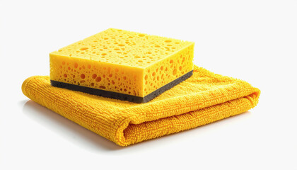 Isolated image of a yellow cleaning cloth and sponge set on a white background for advertising and promotional use
