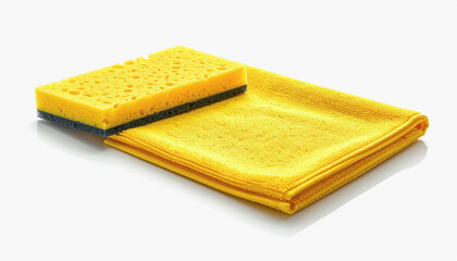 A bright yellow microfiber cleaning cloth featured with an isolated sponge on a white background for marketing purposes