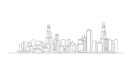 Naklejka premium Chicago Skyline: A minimalistic line drawing showcases the iconic Chicago skyline, with its diverse architectural marvels reaching towards the heavens.