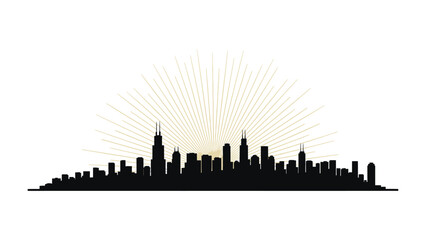 Naklejka premium City Silhouette against the Rising Sun: The imposing silhouette of a city skyline is cast against the radiant burst of the rising sun.