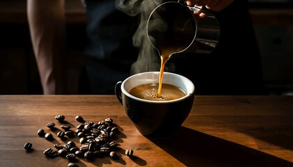 Pouring Coffee into a Mug with Beans on a Wooden Table