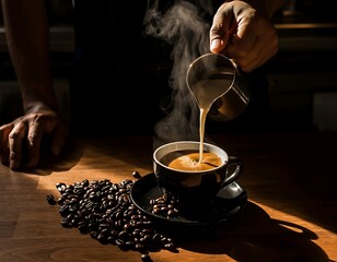Expert barista's hands pouring steaming milk from a pitcher into a black cup of coffee, creating a warm and inviting beverage on a wooden table