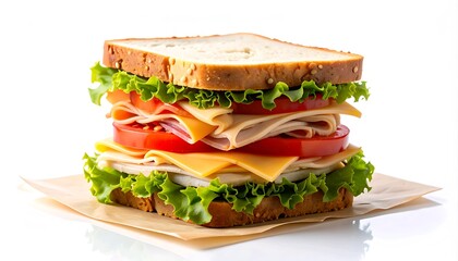 Delicious Sandwich with Turkey, Cheese, Tomato, and Lettuce on Sliced Bread