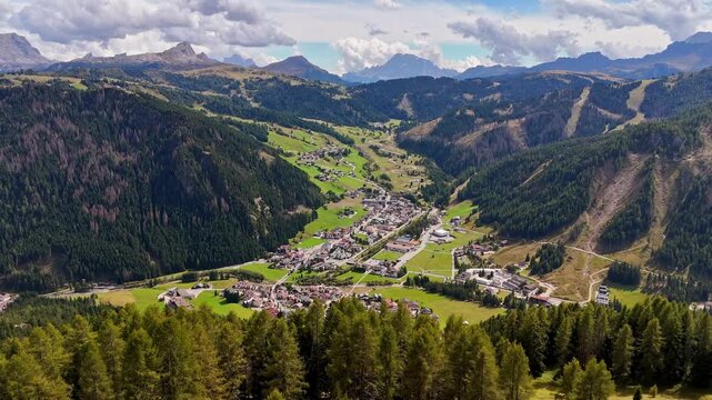 Beautiful Dolomites mountains Italy. Alta Badia, Alto Adige, Val Gardena in Dolomites Mountains. Gardena Pass in the Bolzano province. Dolomites. Sassongher Mountain peak Furcela de Ciampei village