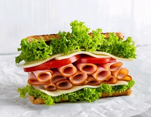 Freshly prepared deli sandwich featuring succulent meat, crisp lettuce, ripe tomatoes, and savory cheese on toasted bread – a quick, satisfying, and wholesome meal