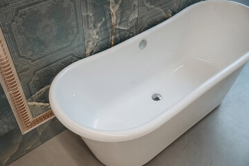 Elegant Freestanding Bathtub in a Luxury Bathroom with Decorative Tiled Wall