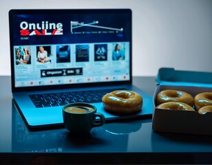 Donut, coffee, and online shopping on a laptop showcasing sale offers with an opportunity for quick purchase