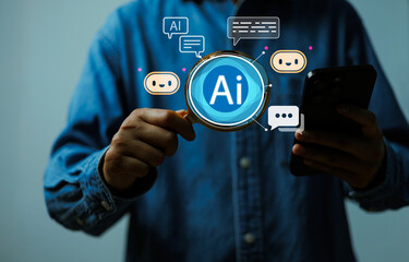 Businessman standing holding magnifying glass using smartphone with AI technology,Concept of artificial intelligence, chatbot digital assistant and innovation data smart business communication modern