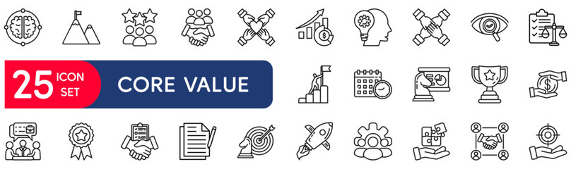 Core value set of web icons in line style. vector illustration concept relate to core, value, integrity, social, business, company, trust