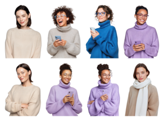 PNG Diverse women wearing cozy sweaters, element set on transparent background