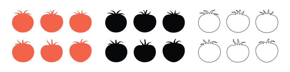 Tomato Icons Set - Color, Silhouette, and Line Art Vector