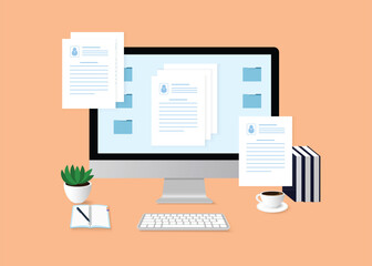 Digital Document Management Concept: Flat Vector Illustration of a Computer Screen with Multiple Resumes and Files Floating in a Minimalist Workspace.
