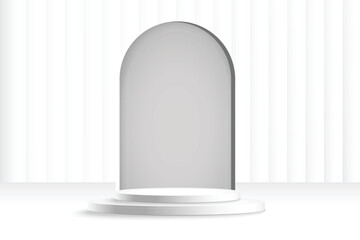 White minimalist 3D podium with arch background for product presentation. Modern empty stage or pedestal for cosmetic showcase and award ceremony