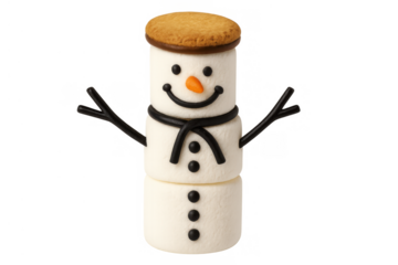 Marshmallow snowman standing, wearing a cookie hat and candy scarf, perfect sweet treat for winter and christmas holidays