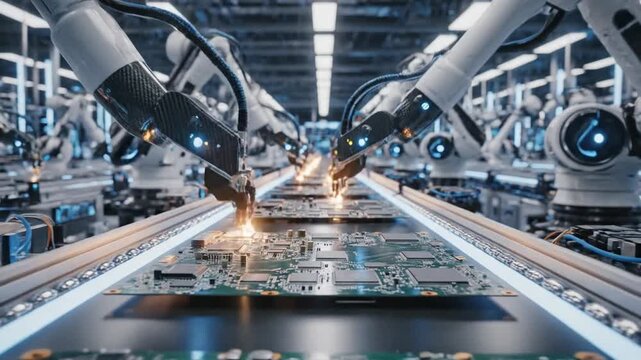 40_Innovative Manufacturing Factory with Industrial Robots Producing Circuit Boards in an Automated Factory Advanced Facility Building Microelectronics Components with Robotic Arms_4K_10s 94949059 1