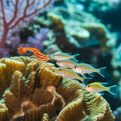Vibrant underwater scene with a shrimp and small fish swimming near coral reef