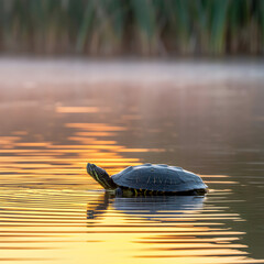 Serene turtle glides through calm water at sunrise, reflecting golden light and reeds.