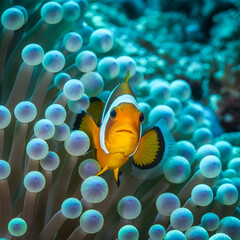 Vibrant clownfish peeking from its anemone home in clear blue ocean water