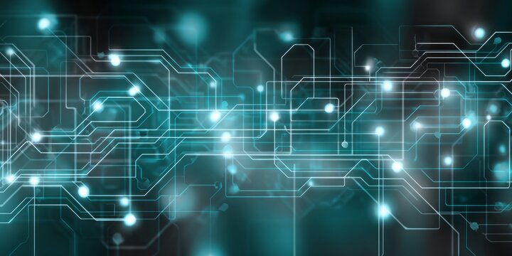 Glowing digital circuitry flows across a dark background with bright light points