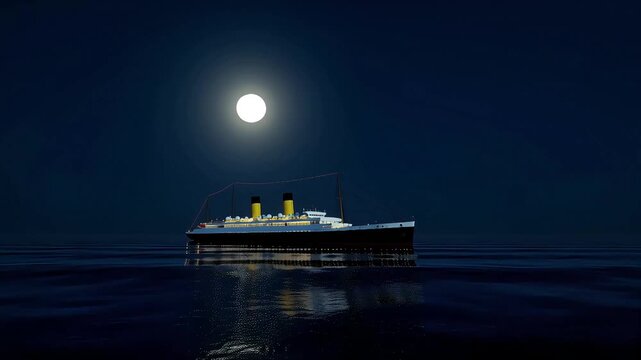 Titanic ship sailing under full moon at night