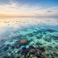 Serene coral reef landscape at sunset with calm ocean reflections and vibrant blue water