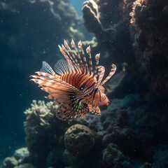Graceful lionfish glides through vibrant coral reef with sunlit ocean depths.