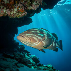Majestic grouper fish swims through sunlit coral reef cave