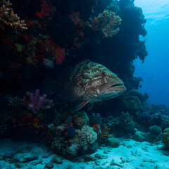 Large grouper fish rests in colorful coral reef underwater.