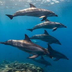 Graceful dolphins swim together in clear blue ocean water near coral reef.