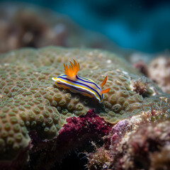 Vibrant sea slug with striking colors glides across textured coral reef underwater.