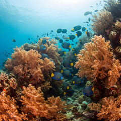 Vibrant coral reef teeming with colorful tropical fish in clear blue ocean water