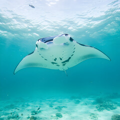 Majestic manta ray glides gracefully through clear turquoise ocean water.