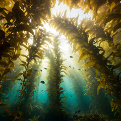 Sunlight streams through a vibrant kelp forest teeming with small fish in the ocean.