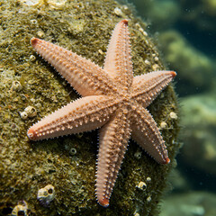 Delicate starfish clings to textured underwater rock, showcasing intricate details of marine life.