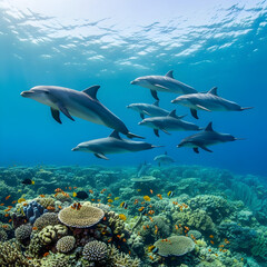 A pod of playful dolphins swims gracefully through a vibrant coral reef in clear blue ocean water.