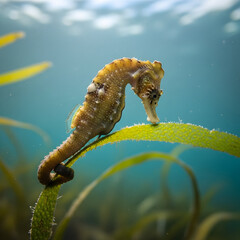 Majestic seahorse gracefully clinging to vibrant seagrass in clear blue ocean water