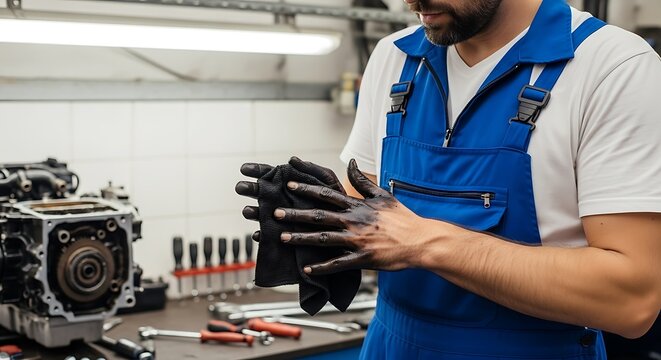 Mechanic preparing to work on a car engine in a workshop.
