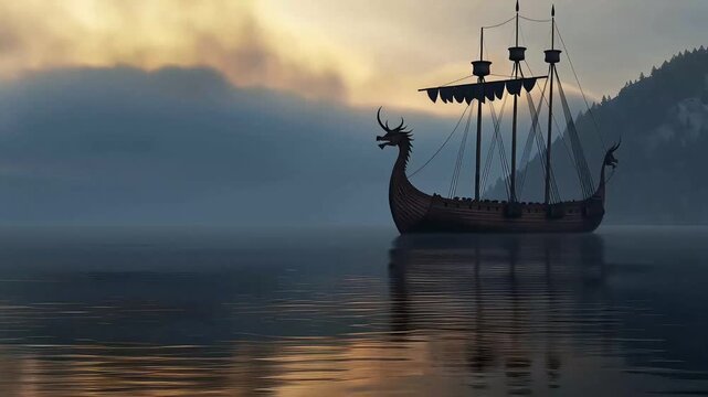 Viking ship sailing on calm water at sunset