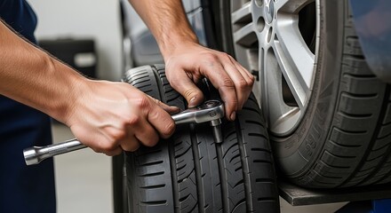 Mechanic tightening lug nuts on a car tire during service.