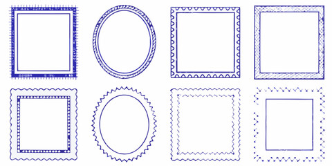 Collection of eight hand drawn blue decorative borders and frames with various patterns and shapes