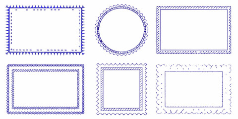 Collection of six hand drawn blue decorative borders and frames on a white background